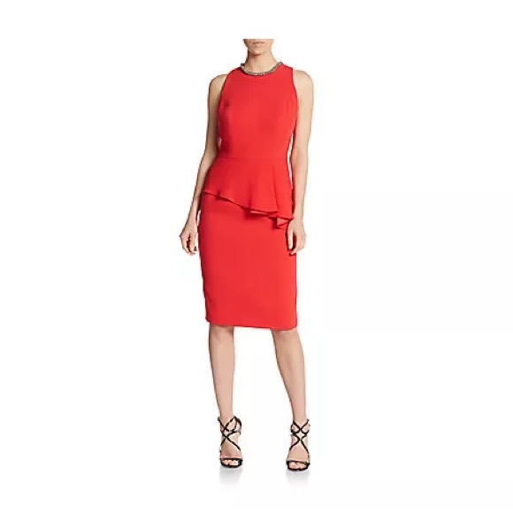 NWOT Carmen Marc Valvo Jeweled Neck Red Peplum Sheath Dress 6 - Picture 3 of 5